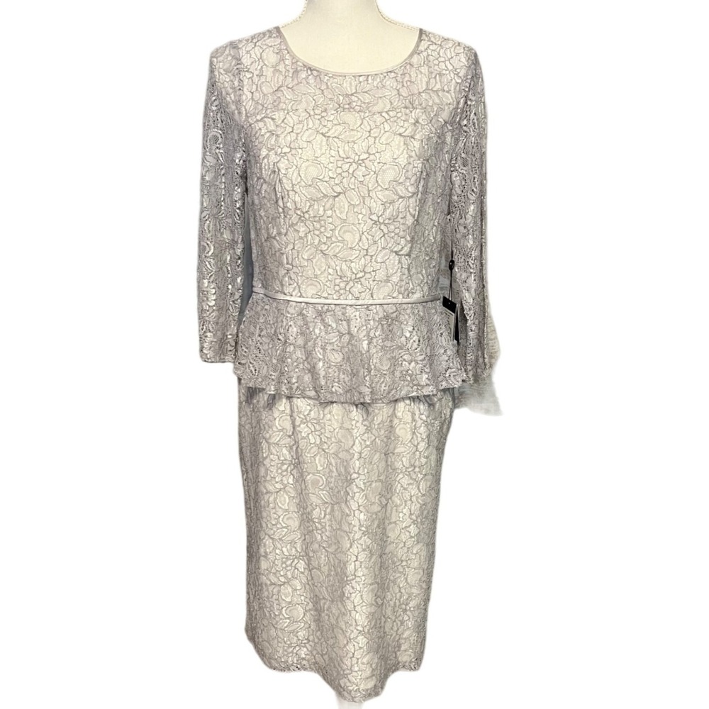 Adrianna Papell Womens Gray Lace Peplum Midi Dress Sz 8‎ Mother of Bride READ